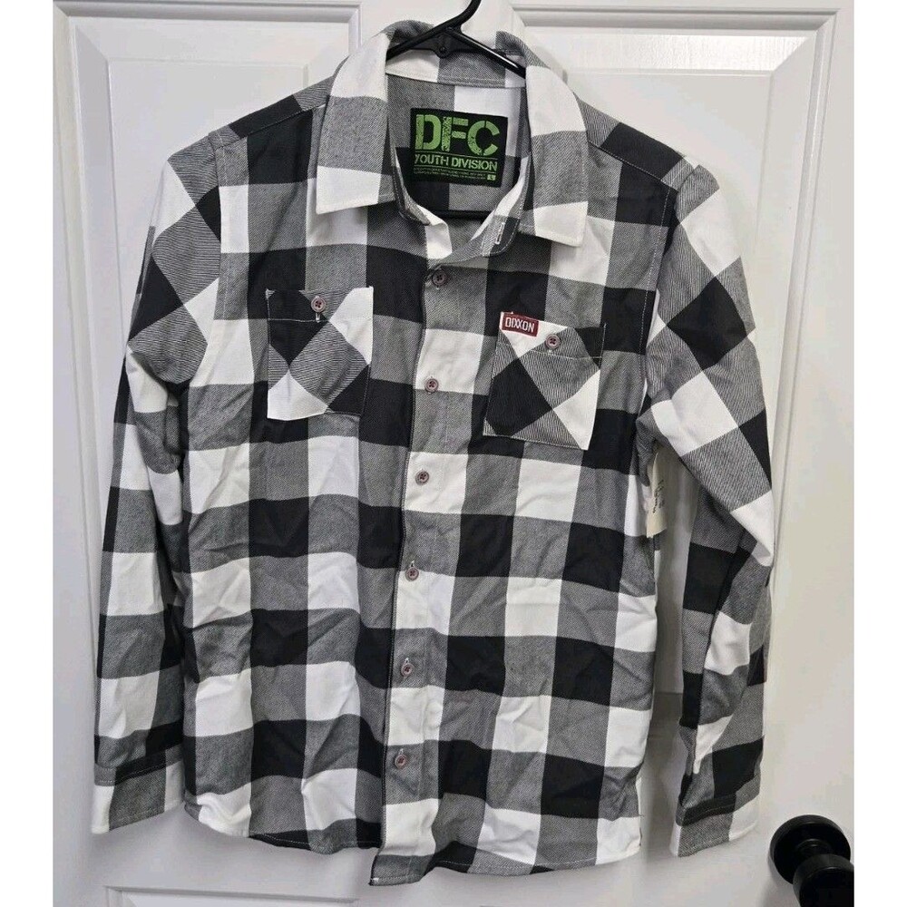 NWT Dixxon Flannel Co D-Tech The Pinnacle Youth L Black White Plaid Button Up
